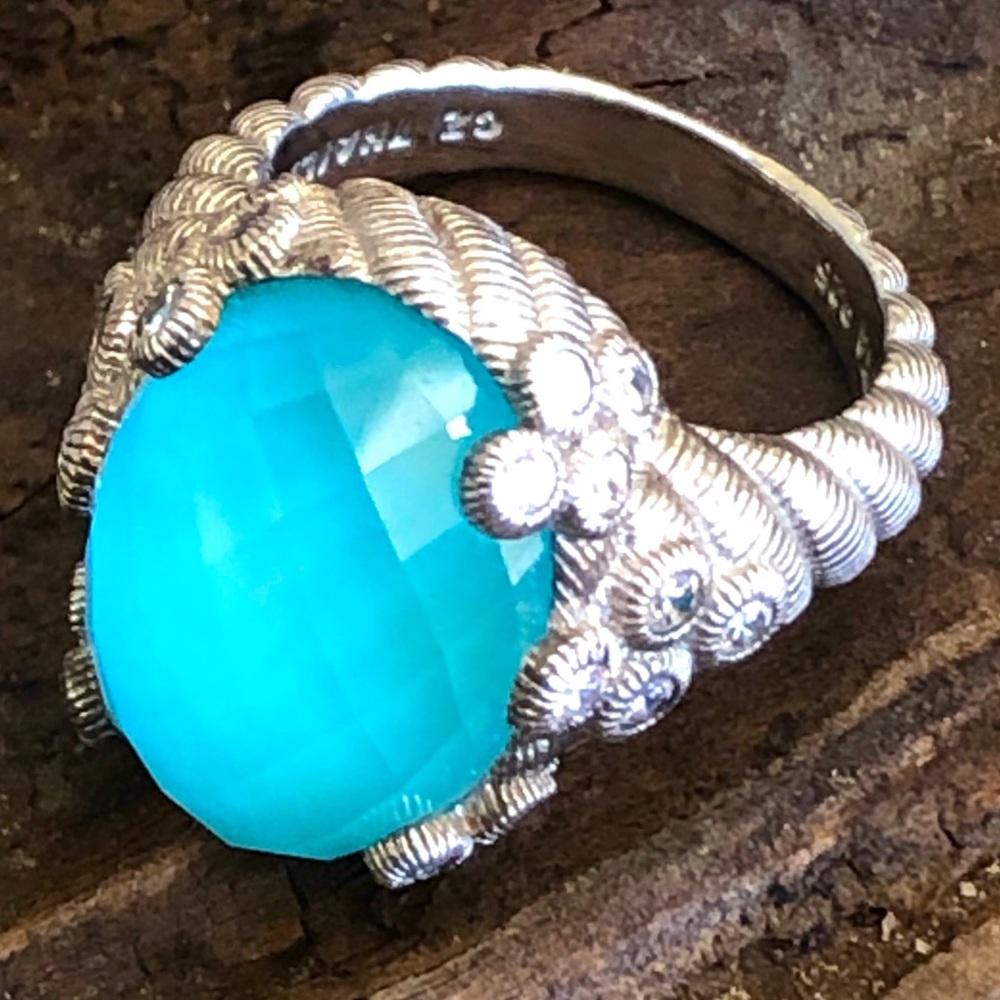 Judith Ripka Turquoise Doublet Sterling CZ Ring 8